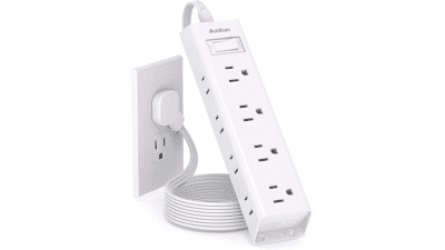 Ultra Thin Flat Plug Power Strip - Addtam 12 AC Outlets, 5Ft Cord, Surge Protector, Wall Mount, Desk Charging Station
