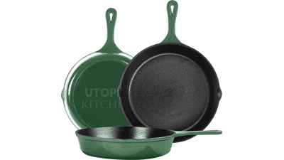 Utopia Kitchen Pre-Seasoned Cast Iron Skillet Set - 3-Piece Frying Pan - 6 Inch, 8 Inch, and 10 Inch (Green)
