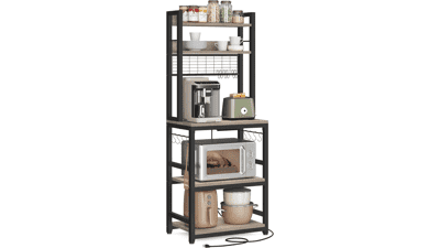 VASAGLE Hutch Bakers Rack with Power Outlet, 14 Hooks Microwave Stand, Adjustable Coffee Bar, Kitchen Storage Shelf - Greige and Black