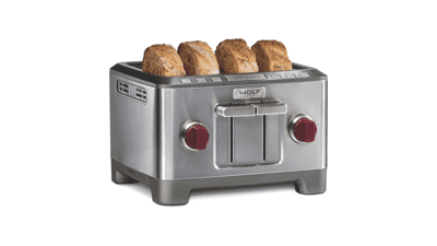 Wolf Gourmet 4-Slice Toaster with Shade Selector, Bagel and Defrost Settings - Red Knob, Stainless Steel
