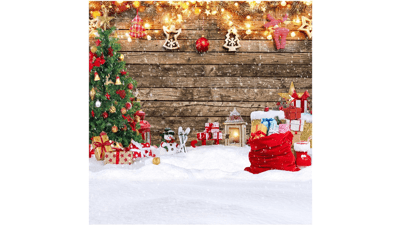 Wood Christmas Backdrop with Gifts, Lights, Snowflake - Holiday Party Decoration, Family Gathering - 8x8FT