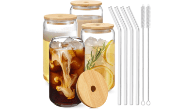 Drinking Glasses with Bamboo Lids 4pcs Set