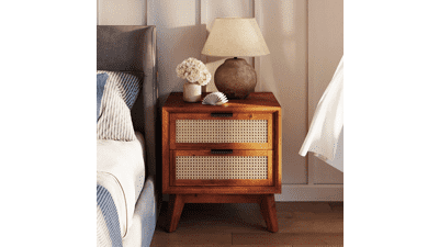 Bme Jasper Deluxe Solid Wood Rattan Nightstand