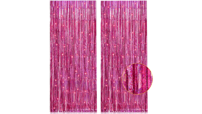 2 Pack Pink Metallic Tinsel Foil Fringe Curtains Backdrop