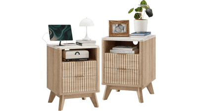 Fluted Nightstand Set of 2 with Charging Station
