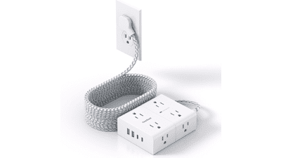 15 Ft Flat Plug Power Strip with USB-C