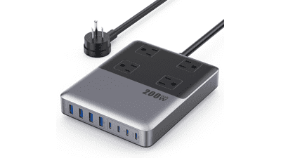 200W USB C Charging Station: Power Strip with GaN IV Tech