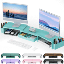 Blue Dual Monitor Stand Riser with Organizer Drawer