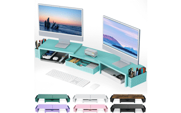 Blue Dual Monitor Stand Riser with Organizer Drawer