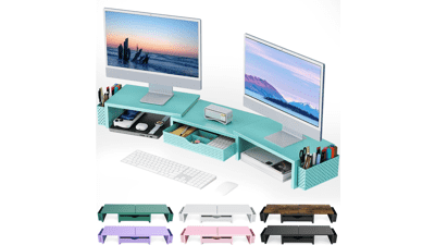 Blue Dual Monitor Stand Riser with Organizer Drawer