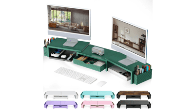 Green Dual Monitor Stand with Organizer Drawer