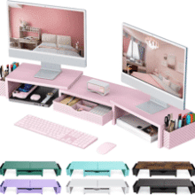 Pink Dual Monitor Stand with Organizer Drawer