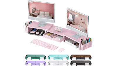 Pink Dual Monitor Stand with Organizer Drawer