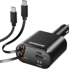 SUPERONE 4-in-1 Retractable Car Charger for iPhone & USB-C Devices