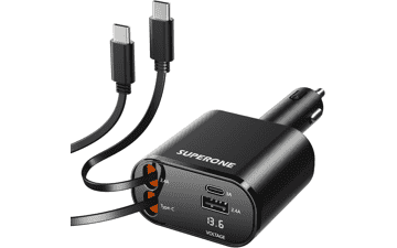 SUPERONE 4-in-1 Retractable Car Charger for iPhone & USB-C Devices