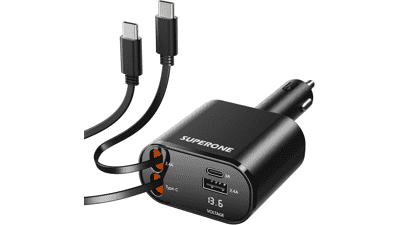 SUPERONE 4-in-1 Retractable Car Charger for iPhone & USB-C Devices