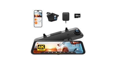 WOLFBOX 4K Mirror Dash Cam: Voice Control, GPS & 64GB Included