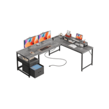 63" L-Shaped Desk with Power Outlets & Fabric Drawers