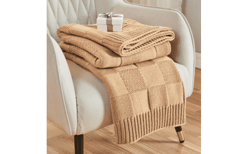 Beige Check Knit Throw Blanket - Soft & Cozy Decor