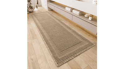 Boho Beige Waffle Bath Mat - Absorbent Non-Slip Bathroom Rug