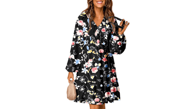 Boho Floral Mini Dress - V Neck Long Sleeve Fall Dress