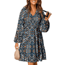 Boho Floral Mini Dress - V Neck Long Sleeve Fall Dress