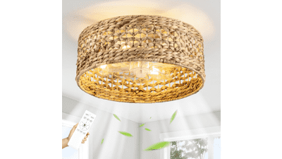 Boho Rattan Ceiling Fan with Light & Remote