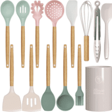 Colorful Silicone Cooking Utensil Set with Wooden Handles