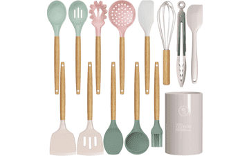 Colorful Silicone Cooking Utensil Set with Wooden Handles