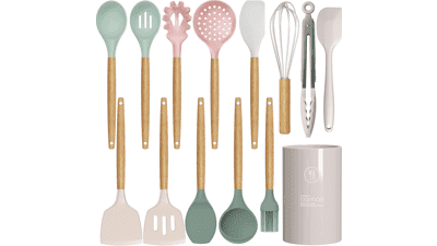 Colorful Silicone Cooking Utensil Set with Wooden Handles