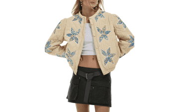 Floral Embroidered Cropped Quilted Jacket