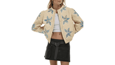 Floral Embroidered Cropped Quilted Jacket