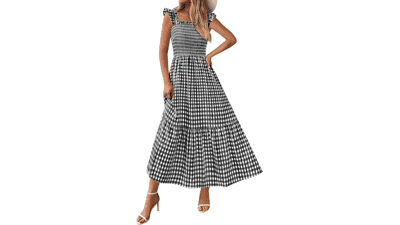 Gingham Smocked Midi Dress - Summer Casual A-Line