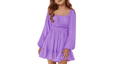 Girls' Fall Tie Back Dress - Long Sleeve A-Line Mini Dress
