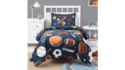Glow in Dark Sports Bedding Set for Boys - 5 Piece Twin Comforter with Sheets