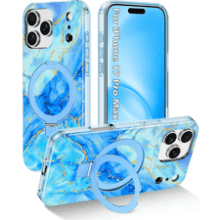IPhone 17 Pro Max Case with MagSafe & Magnetic Ring Stand - Light Blue Marble