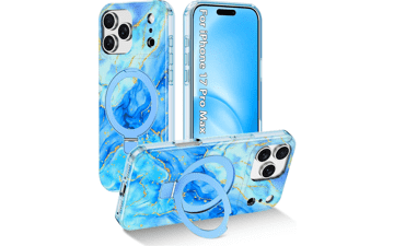 IPhone 17 Pro Max Case with MagSafe & Magnetic Ring Stand - Light Blue Marble