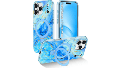 IPhone 17 Pro Max Case with MagSafe & Magnetic Ring Stand - Light Blue Marble