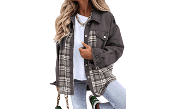 Oversized Denim Plaid Shacket - Women's Casual Jean Jacket