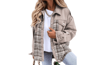 Oversized Denim Plaid Shacket - Women's Casual Jean Jacket