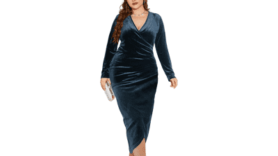 Plus Size Velvet Bodycon Dress: Sexy Ruched V-Neck Cocktail Party Dress