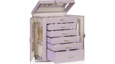 Rotating Jewelry Box - 6-Tier Organizer with Mirror - Purple