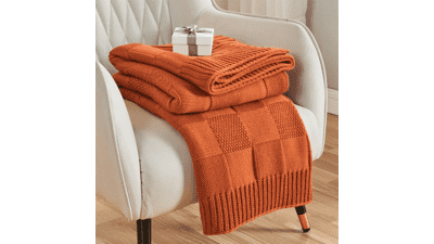Rust Orange Check Knit Throw Blanket - Cozy & Decorative