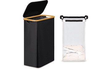 Slim Laundry Basket with Lid - 65L Black Hamper