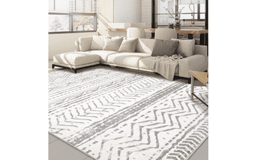 Washable Boho Area Rug 5x7 - Grey & White Moroccan Design