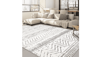 Washable Boho Area Rug 5x7 - Grey & White Moroccan Design