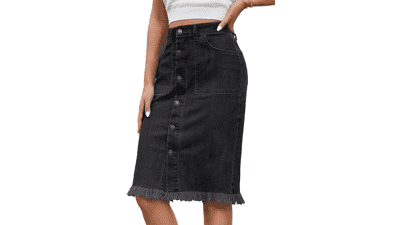 Women's Denim Midi Skirt - Raw Hem Jean Skirt