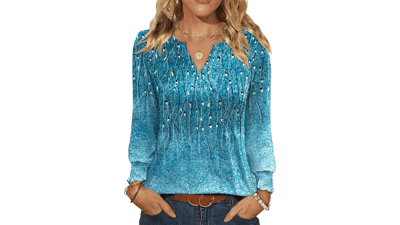 Women's V Neck Long Sleeve Pleated Top