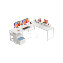 63" L-Shaped Desk with Power Outlets & Fabric Drawers