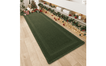 Boho Dark Green Waffle Bath Mat - 2'x6' Absorbent Rug